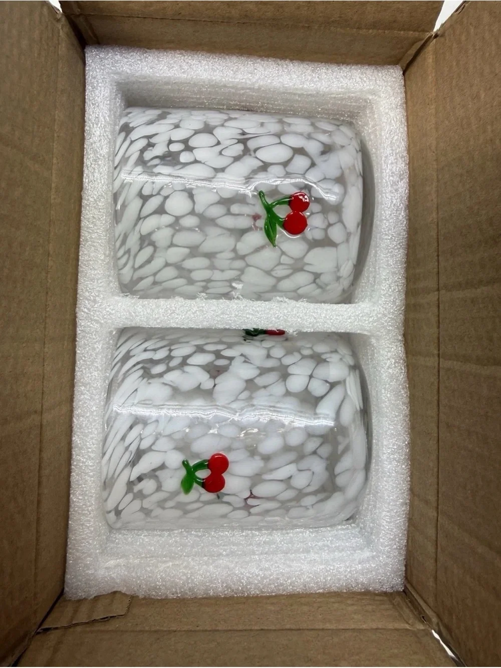 Hand Blown Cherry Art Glass Tumblers Set of 2 White Confetti Cups